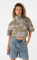 Chaqueta Ligera Mini Camuflada Personalizada para Mujer 2026, Chaqueta Utilitaria de Manga Corta con Estampado Verde Gris, Chaqueta Casual Vintage OEM/ODM