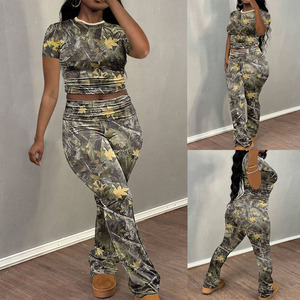 New <strong>Women's</strong> Two-Piece Set Camo Tracksuit Slim Fit Flare Leg Real-Tree Leaf Print Nature Inspired Streetwear Fashion Clothing - Product Image 2