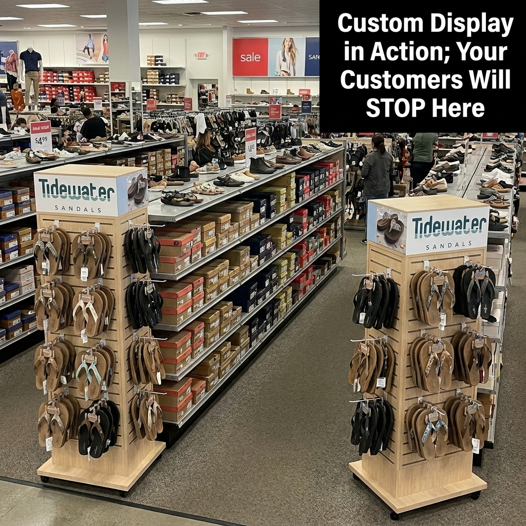 Custom Movable Light Wood Slatwall Sandal Display Rack with Casters Floor Standing Retail Footwear Display Stand for Shop — view 2