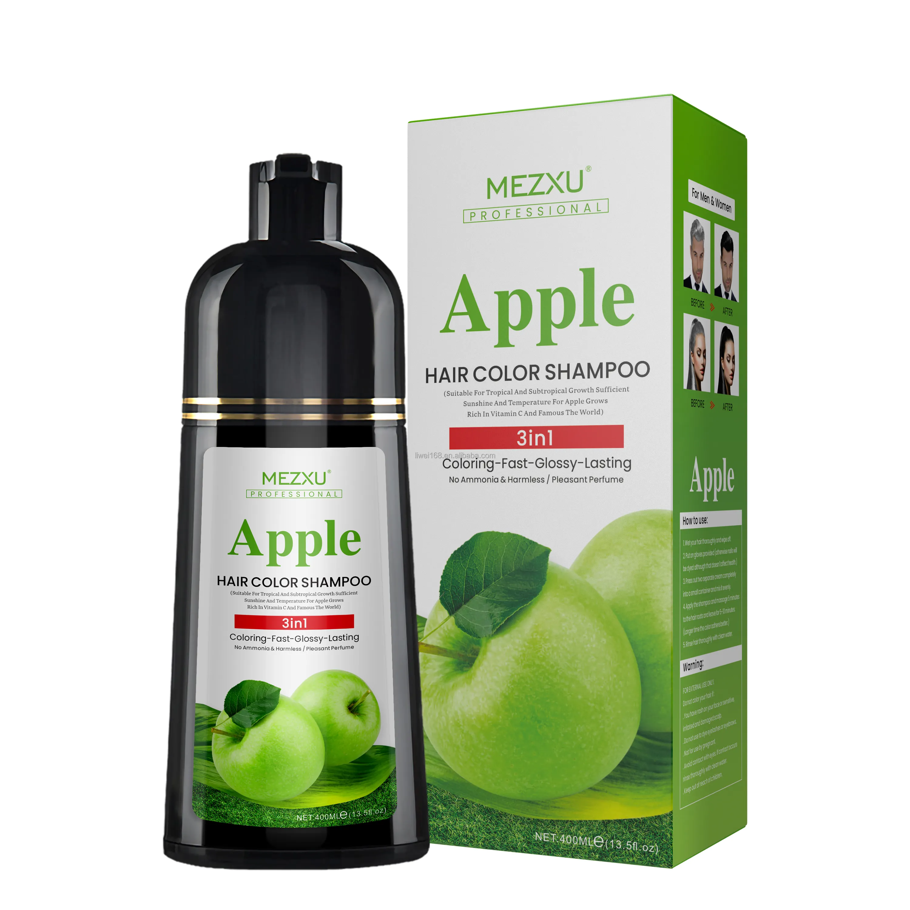 Magic APPLE-Shampoing colorant pour cheveux noirs, couleur naturelle semi permanente, 400ml, pour homme et femme