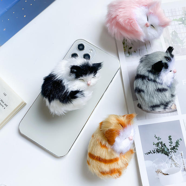 Kawaii Plush Fur Animal Cat Promotional Gift Mobile Accessories Phone Socket for Grip Griptok Cellphone Stand Table Phone Holder