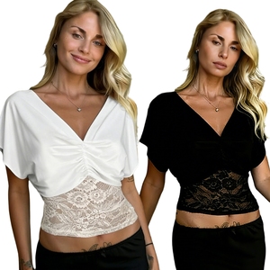 Flattering Lace Waist <b>Batwing</b> Sleeve <b>Top</b> Women Solid Color V Neck Casual Tee Shirt Summer Eco-Friendly - Product Image 1