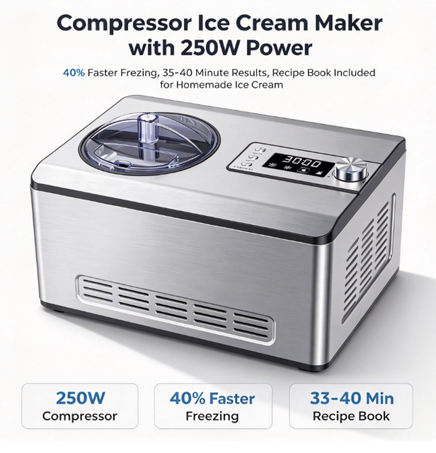 Ice Cream Maker Upgraded Compressor 40% Faster Freezing LED Display 2.1 Qt Capacity Stainless Steel Automatic Ice Cream