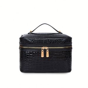 Trousse de beauté vintage marron à motif crocodile, boîte de rangement portable à double fermeture éclair pour femmes - Product Image 1