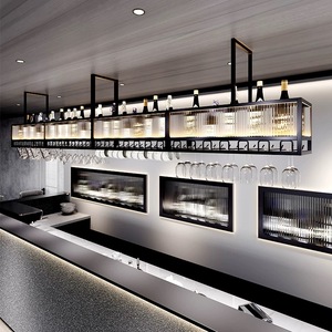 Suspension LED moderne <span class=keywords><strong>pour</strong></span> <span class=keywords><strong>bar</strong></span> à vin avec porte-verres, étagère à bouteilles suspendue en métal noir <span class=keywords><strong>pour</strong></span> îlot de cuisine ou <span class=keywords><strong>bar</strong></span> - Product Image 2