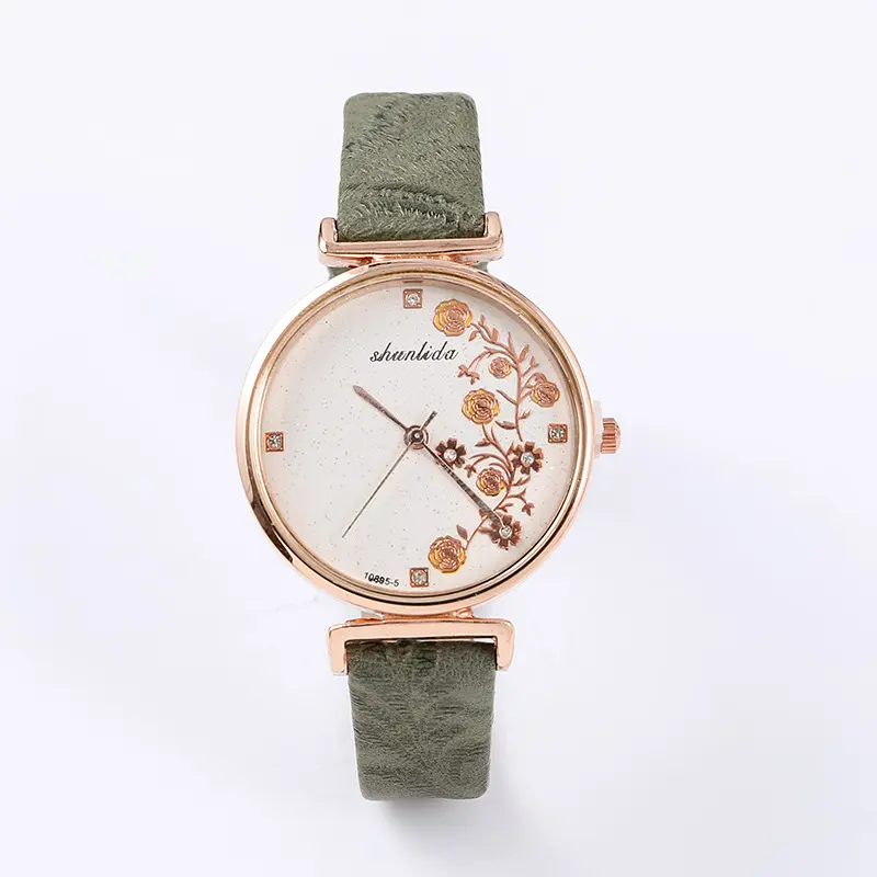 Fashion Trend Ladies Pattern Belt Quartz Watch Ins Style Niche Student Designer Watch Golden Plated Rim Watch