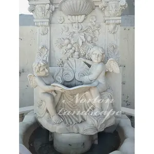Decorazione da giardino esterna di lusso in marmo bianco granito cherubino e testa di leone statue parete fontana di acqua prezzi fontana rotonda