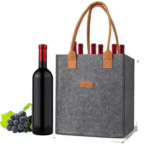 6 Bottle Felt Wine Tote Bag Organizer Insulated Thermal Padded Carrying Cooler Carrier for Travel Picnic Gift for Wine Lover