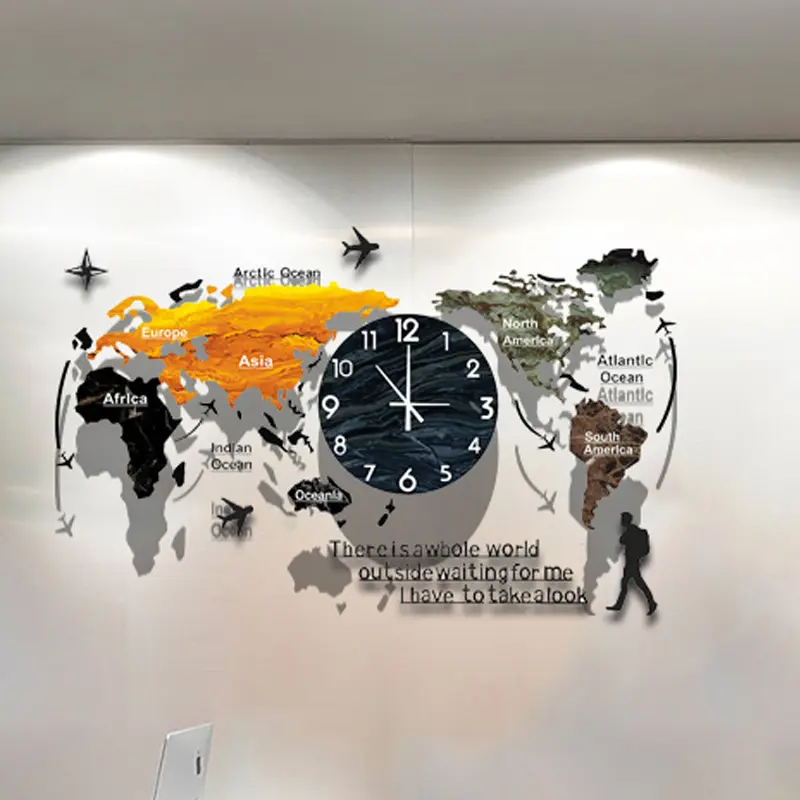 세계지도 벽시계 현대적이고 간단한 벽시계 유행 장식 유럽 스타일 조용한 톤 시계