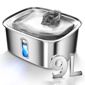 Fontaine à eau pour animaux de compagnie en acier inoxydable, grande capacité de 9 L, distributeur d'eau pour chiens et chats, abreuvoir détachable - Product Image 1