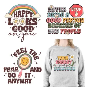 Colorido Retro Good Vibes Diseños de impresión Salud mental Citas positivas motivacionales Decir Pegatinas de transferencia DTF para camisas