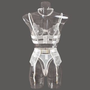 Ensemble de lingerie féminine de luxe en dentelle blanche 4 pièces, élégant, brodé, lingerie érotique, chaîne fantaisie, culotte transparente sexy, soutien-gorge - Product Image 3