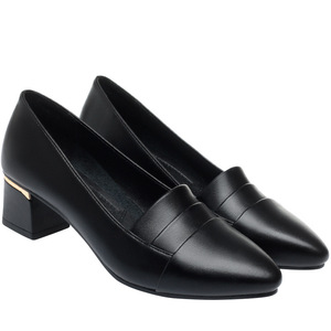 Factory Wholesale Black Leather Pumps - Pointed Toe Block Heel Office Daily Women's Shoes - Product Image 5