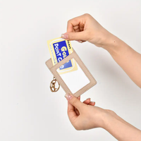 Porte-cartes d'identité en cuir PU, porte-clés en similicuir grain litchi avec fenêtre transparente et fermoir mousqueton