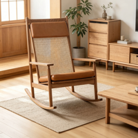 Fauteuil à bascule en rotin minimaliste nordique |   Fauteuil à bascule en bois massif tressé pour salon, balcon et extérieur, siège confortable et relaxant