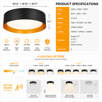 Plafonnier LED moderne Worbest 15 pouces, CCT changeable, certifié ETL/cETL, pour salon et chambre, CRI 80, construction en acier et plastique