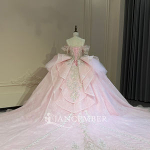 Xs317 Stunning Pink Sweetheart Cold Shoulder Crystal Vine Corset Bow <b>Glitter</b> Ball Gown Modern Floor-Length Quinceanera Dress - Product Image 2