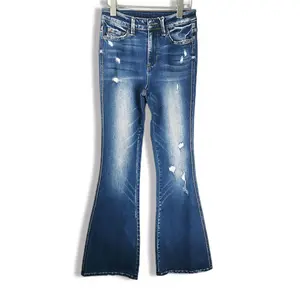 Jean taille haute élastique pour femmes, en denim, évasée, slim, personnalisé, vintage, grande taille,