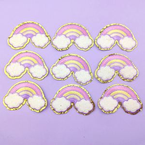 Patchs thermocollants/auto-adhésifs brodés, exquis, avec bordure dorée scintillante, couleur macaron, nuage arc-en-ciel, pour la décoration de vêtements et de sacs - Product Image 4