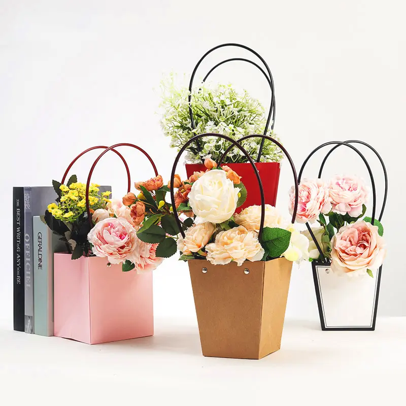 Bangdi Factory Cesta de flores de papel Kraft Caja de flores portátil Impermeable DIY Arreglo floral Bolsa de ramo de rosas