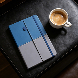 Blue & Grey Two-Tone Hardcover <b>Notebook</b>, PU Leather Journal with Elastic Band & Pen Loop for Office & School - Product Image 6