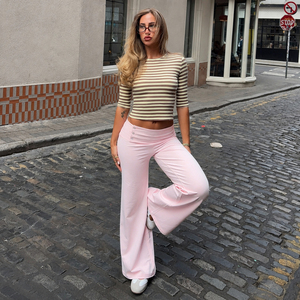 Striped Crop Tight Top Low Waist Button Cuff Flared Pants <b>Set</b> American Sweet Hot Street <b>Sexy</b> Two Piece Outfit - Product Image 5