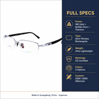 Superovo – Montures de lunettes semi-cerclées carrées en corne de buffle et titane pour hommes, idéales pour la myopie – Meilleures montures de lunettes