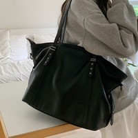 Sac à bandoulière polyvalent grande capacité pour femme, style preppy, noir, en PU souple, avec fermeture éclair, sac fourre-tout décontracté, sac bandoulière tendance