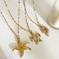 Collar con Colgante de Acero Inoxidable con Certificación CE, Estilo Oceánico, con Tortuga, Concha y Estrella de Mar, Bañado en Oro de 18K