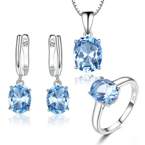 Fashion style fancy diamond 925 sterling silver set geometric luxury sky blue topaz ring stud earrings and necklace jewelry set