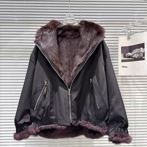 Nuovo Cappotto Corto da Donna in Lana/Seta con Cerniera Sottile e Fodera in Vera <span class=keywords><strong>Pelliccia</strong></span> di Coniglio, Nero e Bianco su Entrambi i Lati - Product Image 6