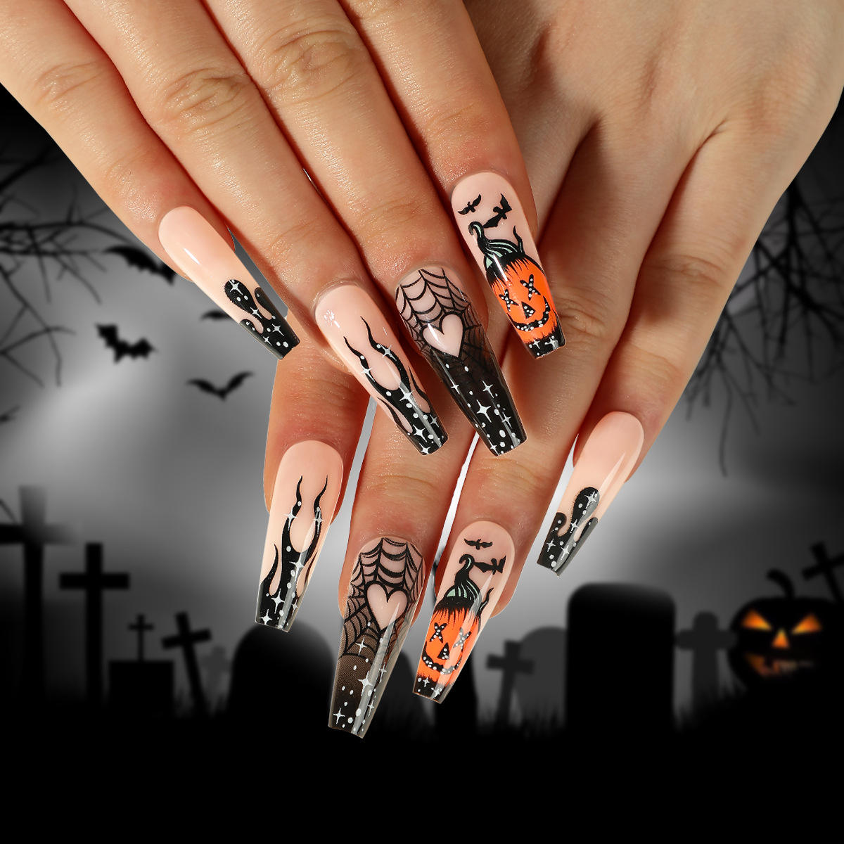 Wholesale Ballerina Halloween Artificial Long Coffin Designed Press on Nails False Nails