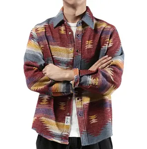 पुरुषों धकेल फलालैन शर्ट जातीय एज़्टेक प्रिंट लंबी आस्तीन बटन अप अंचल आदिवासी शर्ट जैकेट Shacket
