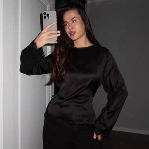 Blusa de Manga Larga con Encaje Satinado Rosa, Ropa Casual para el Hogar para Mujer, Blusa de Moda de Color Sólido - Product Image 3