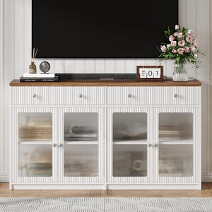 Buffet en bois de style campagnard avec port de charge, portes en acrylique cannelées, étagères réglables, bar <span class=keywords><strong>à</strong></span> <span class=keywords><strong>café</strong></span> écologique pour la cuisine - Product Image 2