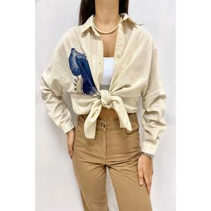 Camisa de lino con lazo para mujer, blusa informal beige con botones para el día a día - Product Image 3
