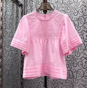 100% Baumwollblusen Hemd 2026 Frühling Sommer Designer Mode Damen Perlen-Deko Kurzarm Weiß Schwarz Rosa Lässiges Vintage-Oberteil - Product Image 1