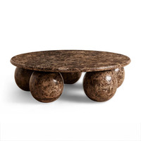 Table basse ronde de luxe sur mesure en marbre Emperador marron avec pieds sphériques, dessin CAO verni, VIP.