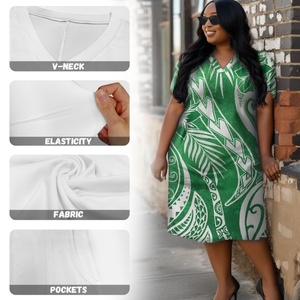 Artículos al por Mayor Baratos, Vestidos Casuales de Manga Corta con Cuello en V y Estampado Tribal Polinesio Personalizado, Tallas Grandes para Mujeres Corpulentas - Product Image 5