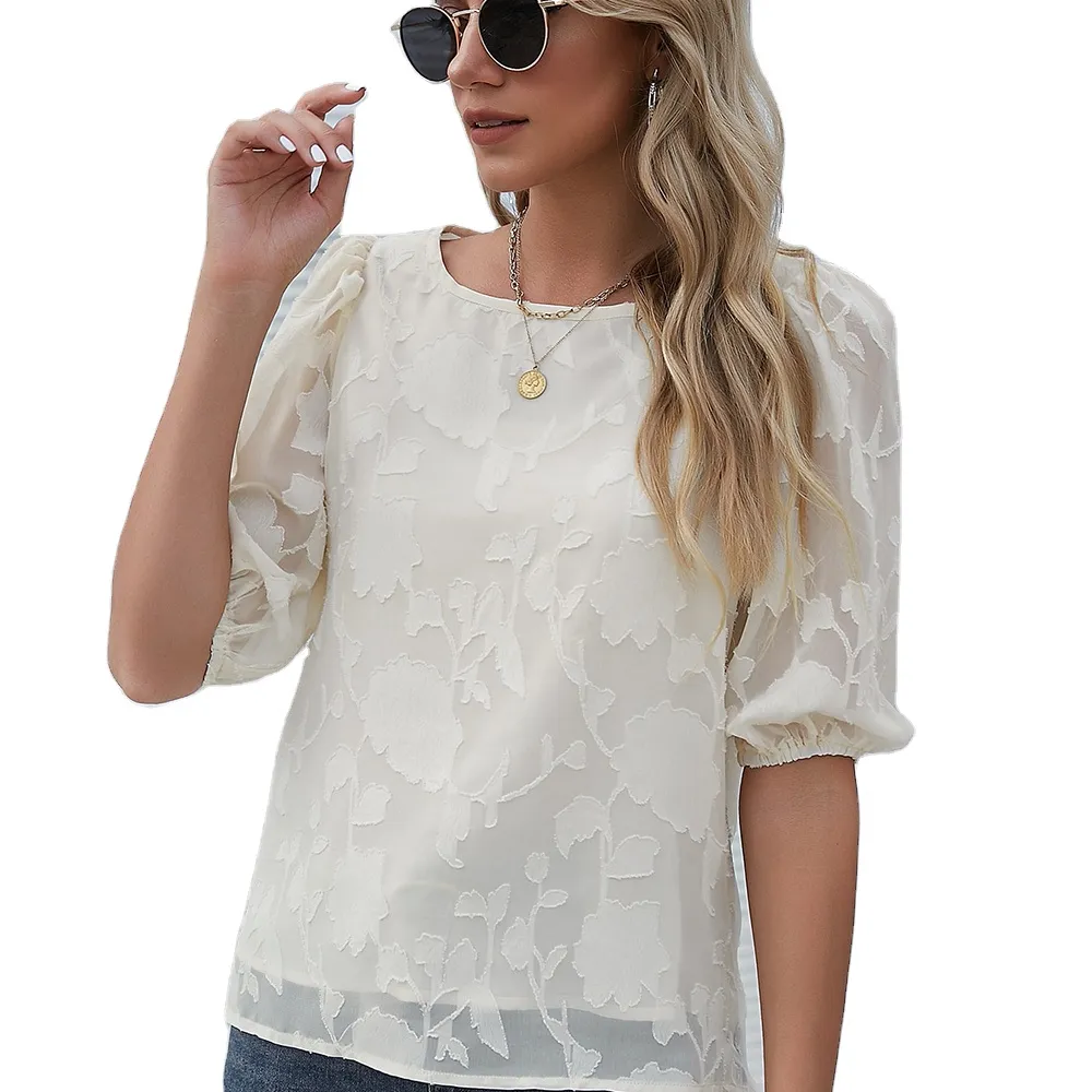 Female Ladies Clothing summer hot Chiffon flowers solid color elegant women's round neck half sleeve casual office women's shirt