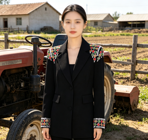 ชุดสูททำงานผู้หญิงสีดำแบบทูพีซ ประกอบด้วยเสื้อเบลเซอร์ทรงเข้ารูปติดกระดุมเดี่ยว ปกเสื้อแบบปกแหลม กระดุมสีทอง พร้อมกระโปรงพลีท ดีไซน์เรียบหรู - Product Image 3
