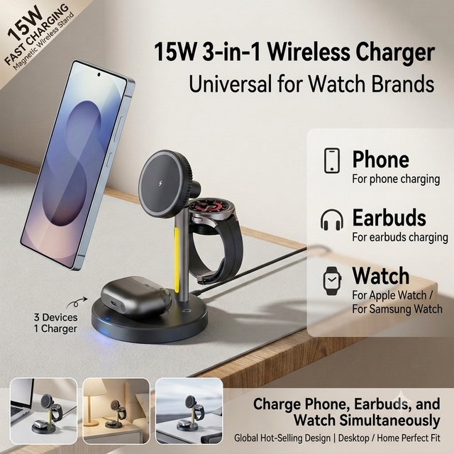 25W 3 in 1 Magnetic Wireless Charger Station with Cooling Fan LED Ambient Light Fast Charging Stand for iPhone for Samsung Watch