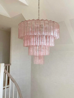 Fantastique lustre décoratif en verre de Murano rose à 4 étages pour salon