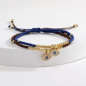 Nieuwe Collectie Fashion Handwoven Wax Touw Turkije Blauwe Ogen Armband Dainty 18K Gold Plated Evil Eye Charm Verstelbare Armbanden gift