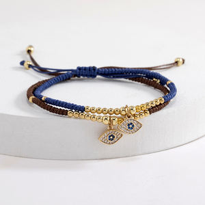 Nouvel Arrivage Bracelet Ajustable pour Homme, Fait Main en Corde Cirée avec Pendentif Œil Bleu et Breloque Œil Turc en Cuivre Plaqué Or 18K, Cadeau - Product Image 1