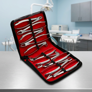 Dental Tooth Forceps 10-Piece Set Silver Knurled Grip Manual Surgical Instruments Class I Red Case - Product Image 3