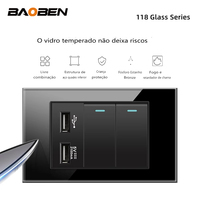 BAOBEN 4*2 Prise murale double USB Type C en verre trempé noir, norme brésilienne, interrupteur lumineux, Suisse 10A 20A