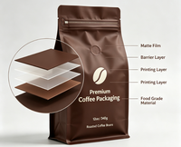 Sachet de café OEM à 8 soudures latérales en PET VMPET PE laminé avec valve de dégazage, fermeture éclair facile à déchirer, fond plat, qualité export, vente en gros
