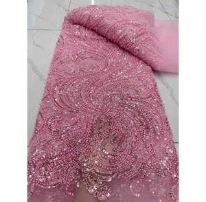 Tela de Encaje con Cuentas de Lujo 2025 para Asoebi, Verde Mezclado con Rosa, Tela de Encaje con Cuentas de Lujo, Cristal y Pedrería - Product Image 1