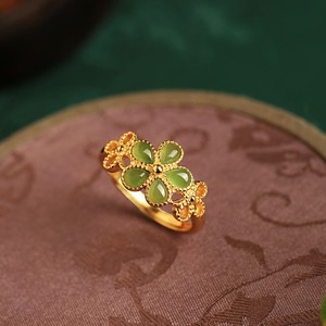 Mayflower Ring Women's 18k Gold Plated Flower Shape Jade Inlay Prong Setting Gift Jewelry - Product Image 1